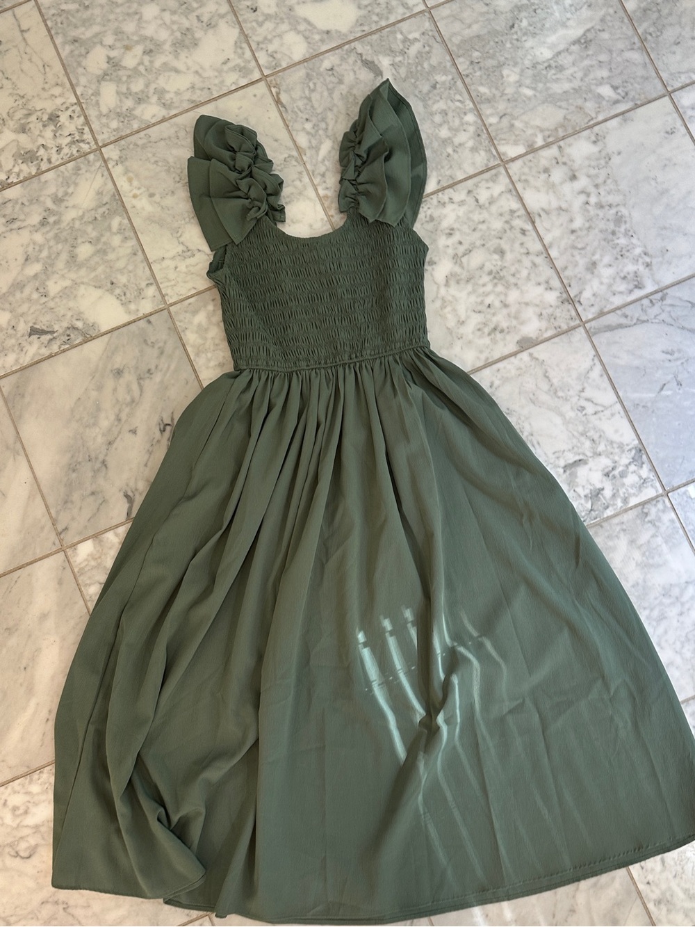 entro Olive Green Smocked Bodice Ruffle-Sleeve Dress